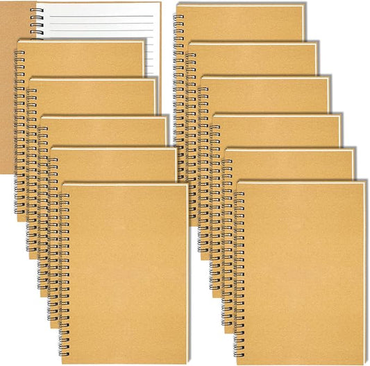 12Pack Small Spiral Notebook A5, 8.25x5.5” 120 Lined Pages Brown Wide Ruled Spiral Journal Bulk Blank Kraft Cover Spiral Bound Notebook & Writing Pads for Home Office Meeting Work Note Taking-DeskLoop Office