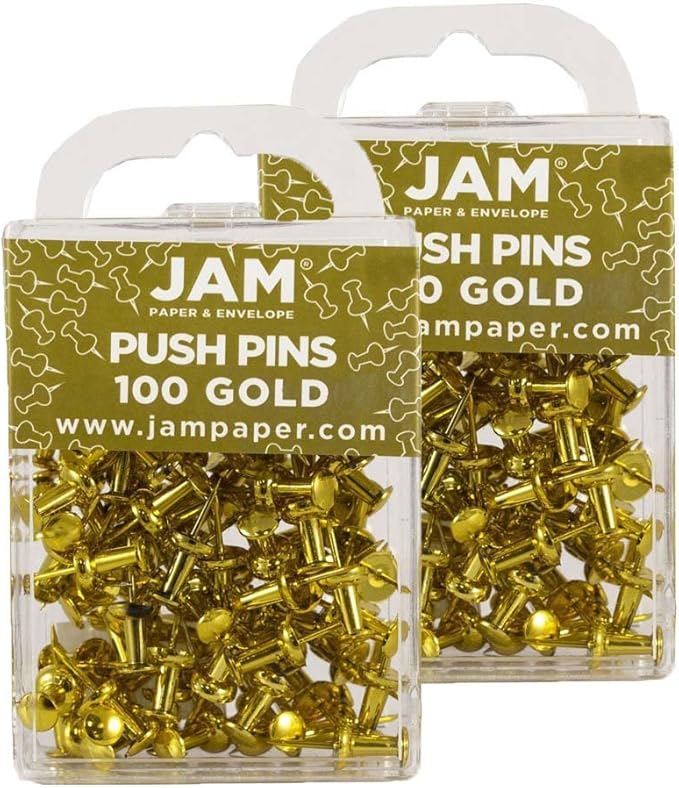 JAM PAPER Colorful Push Pins - Gold Pushpins - 2 Packs of 100-DeskLoop Office