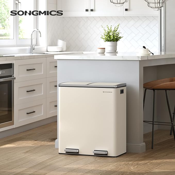 SONGMICS Trash Can, 2 x 8 Gallon (2 x 30 L) Garbage Can for Kitchen, with 15 Trash Bags, 2 Compartments, Plastic Inner Buckets and Hinged Lids, Airtight, Almond Color ULTB201A01-DeskLoop Office