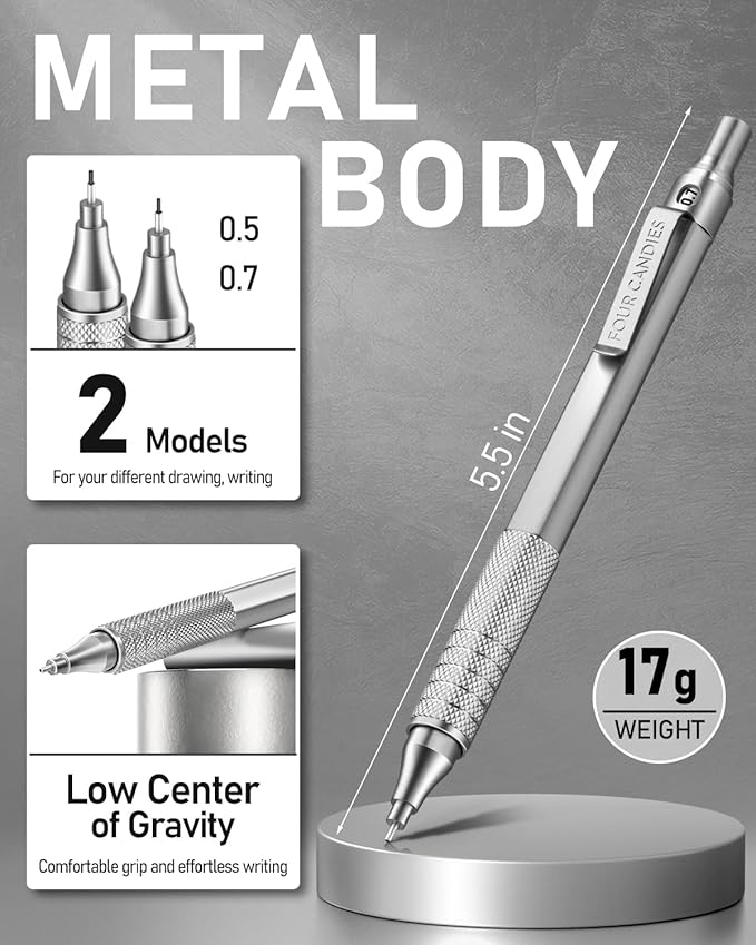 Four Candies 2PCS Metal Mechanical Pencils Set with Case, 0.5mm & 0.7 mm Artist Pencil with 6 Tubes (360PCS) HB Lead Refills, 3 Erasers,9 Eraser Refills For Writing Drafting, Drawing, Black&Silver-DeskLoop Office