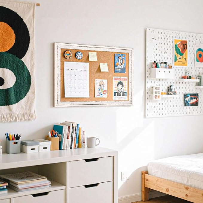 White Cork Board Bulletin Board, 24" x 18" Wooden Framed Corkboard for Office, Decorative Hanging Pin Board Vision Board for Office Home School Decor-DeskLoop Office