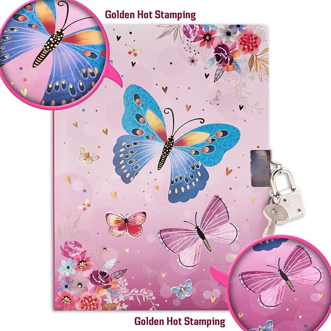 Girls Diary with Lock for Kids, 7x5.25 Inches 160 Lined Pages Secret Pink Butterfly Notebook for Girls Journal with Lock for Kids Pre School Writing Drawing Cute Girls Gifts for Birthday-DeskLoop Office