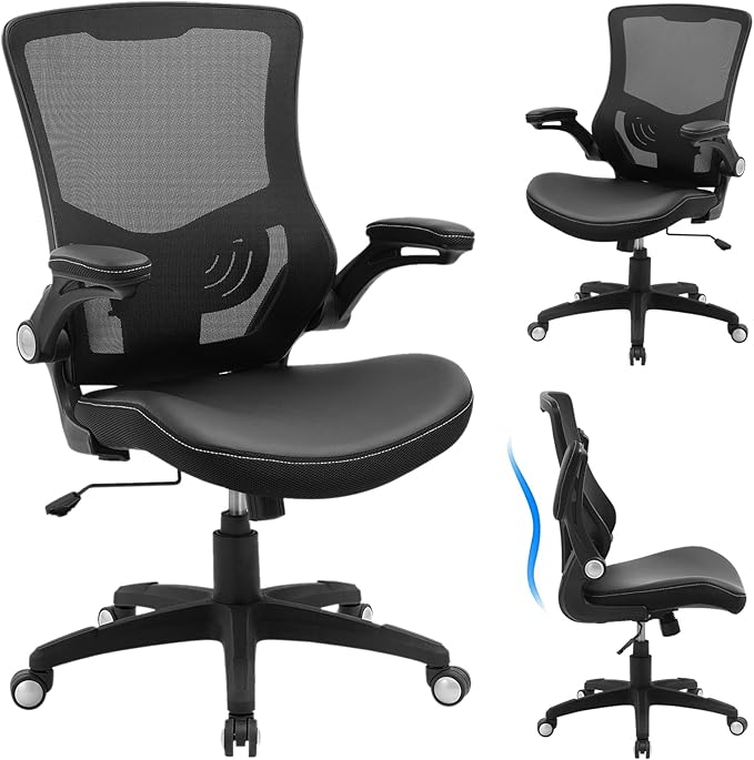 Office Chair Ergonomic Desk Chair, Computer PU Leather Home Office Chair, Swivel Mesh Back Adjustable Lumbar Support Flip-up Arms Executive Task Chair-DeskLoop Office