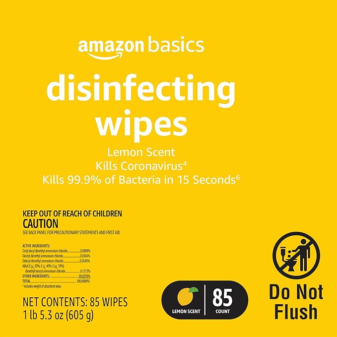 Amazon Basics Wipes, Lemon Scent, for Sanitizing, Cleaning & Deodorizing, 255 Count (3 Packs of 85)-DeskLoop Office