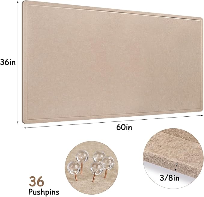 Foldable Large Bulletin Board, 60x36 Inches Cork Board Alternative, Large Felt Board Decorative Pin Board for Wall, Foldable Photo Board Self-Adhesive Vision Board with 36 Pushpins Khaki-DeskLoop Office