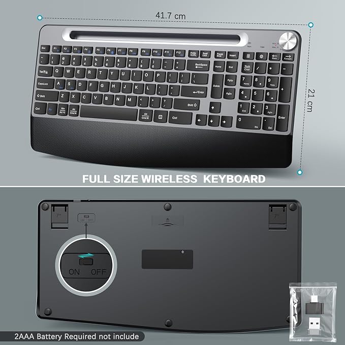 JOYACCESS Ergonomic Wireless Keyboard with Wrist Rest, Low-Profile,Phone Holder,2.4GHz Full Size Silent Cordless USB Computer Keyboard for Windows, Mac OS Desktop/Laptop/PC-Black Grey-DeskLoop Office