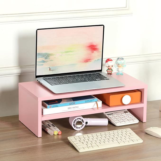 TEAMIX 2 Tiers Pink Monitor Stand Riser, Desktop Stand with Keyboard Storage Small TV Stand Laptop Wooden Desk Organizer Cute Shelf (Pink, 2 Tiers)-DeskLoop Office
