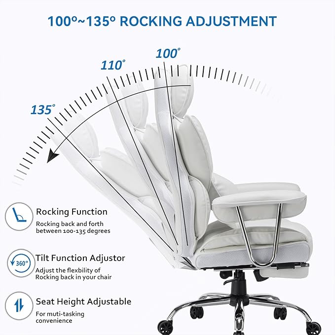 Efomao Big and Tall Office Chair 400lbs – High Back PU Leather Executive Chair with Lumbar Support, Footrest, Swivel Base, Padded Armrests, and Rolling Wheels for Home Office, White Computer Chair-DeskLoop Office