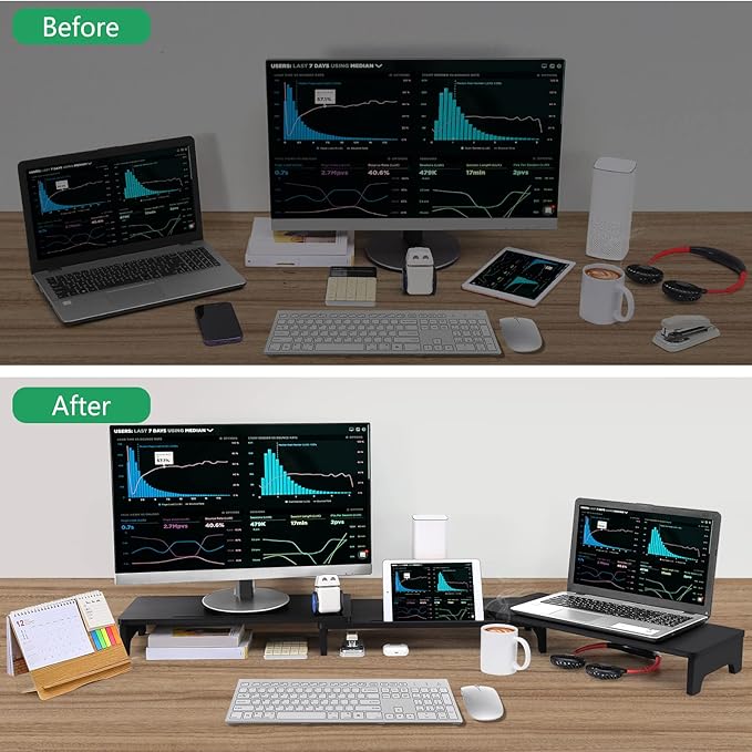 Nnewvante Monitor Stand Riser, 60 inch Large Bamboo Dual Monitor Stand for Desk, 3 Shelves Desktop Screen Riser with Adjustable Length Angle for Computer Laptop PC,Black-DeskLoop Office