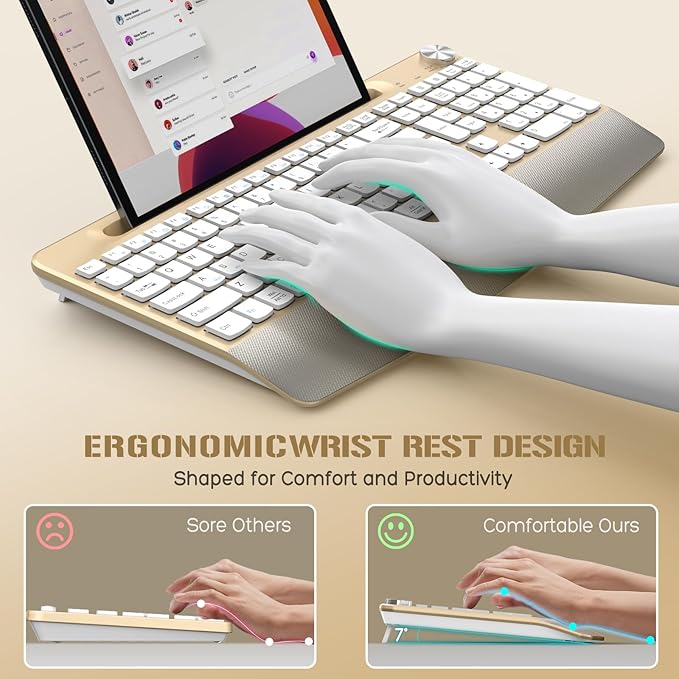 JOYACCESS Ergonomic Wireless Keyboard with Palm Rest & Tilt Angle, 2.4G Full-Size, Comfortable Typing, USB-C Adapter & Phone Holder for Mac/Windows -Gold White-DeskLoop Office