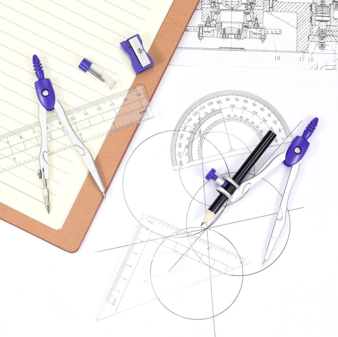 Math Geometry Kit Sets 10 Piece Student Supplies with Shatterproof Storage Box,Includes Rulers,Protractor,Compass,Eraser,Pencil Sharpener,Lead Refills,Pencil,for Drafting and Drawings(Purple)-DeskLoop Office