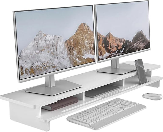 Monitor Stand Dual Monitor Stand Riser for Desk,Wood Desk Shelf Storage Organizer with Phone Tablet Holder (42.5 Inch, White)-DeskLoop Office