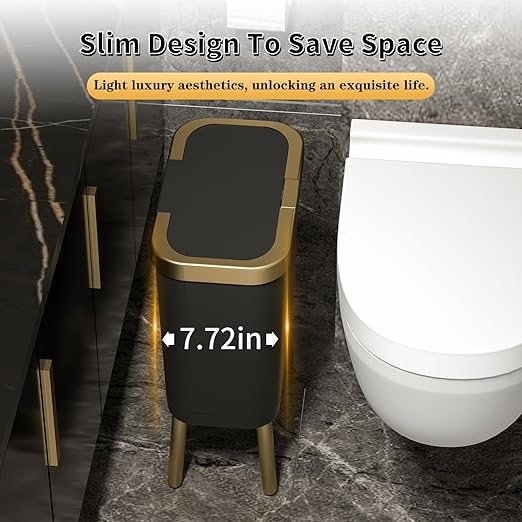 Procade 2Pack Trash Can with Lid, Modern Bedroom Garbage Can with Gold Edge, Slim Kitchen Garbage Bin,4 Gallon Trash Bin Plastic Waste can for Office, Living Room,Toilet,Bathroom (Black+White)