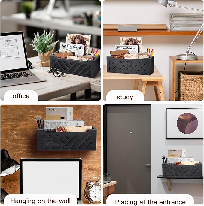 Mail Organizer Mail Holder Countertop with 2 Slots, Wood Mail Basket for Wall Table Desk, Envelope Bill Holder for Home Office Decor (Black-2)-DeskLoop Office