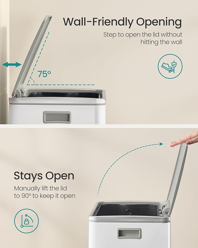 SONGMICS Trash Can, 13-Gallon Gabbage Can, with 15 Trash Bags, Steel, with Soft-Close Lid, Removable Inner Bucket, Handles, Cloud White ULTB595W01V1-DeskLoop Office