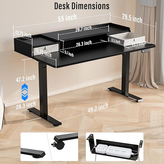 Standing Desk with Drawers,Thickened Table Legs Sit Stand Desk Electric for Home Office & Gaming,Ergonomic Stand Up Desk Cable Management Tray(Classic Black) (Classic Black, 55″ x 30″)-DeskLoop Office