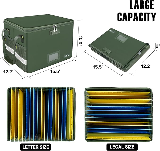 ENGPOW File Box with Lock, Fireproof Document Box with Pockets, Collapsible File Organizer Filing Storage Cabinet with Handle, Portable Home Office Safe for Hanging Letter/Legal Folders,Green,2 Pack-DeskLoop Office