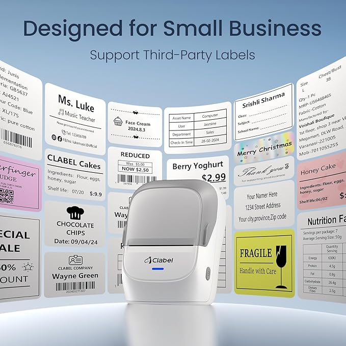 CLABEL Thermal Label Maker Machine: 221B Bluetooth Label Printer Mini Sticker Barcode Printer Inkless Label Maker Compatible with Clothing Price Labeling with 1 Roll of 50x30mm Label(Gray White)-DeskLoop Office