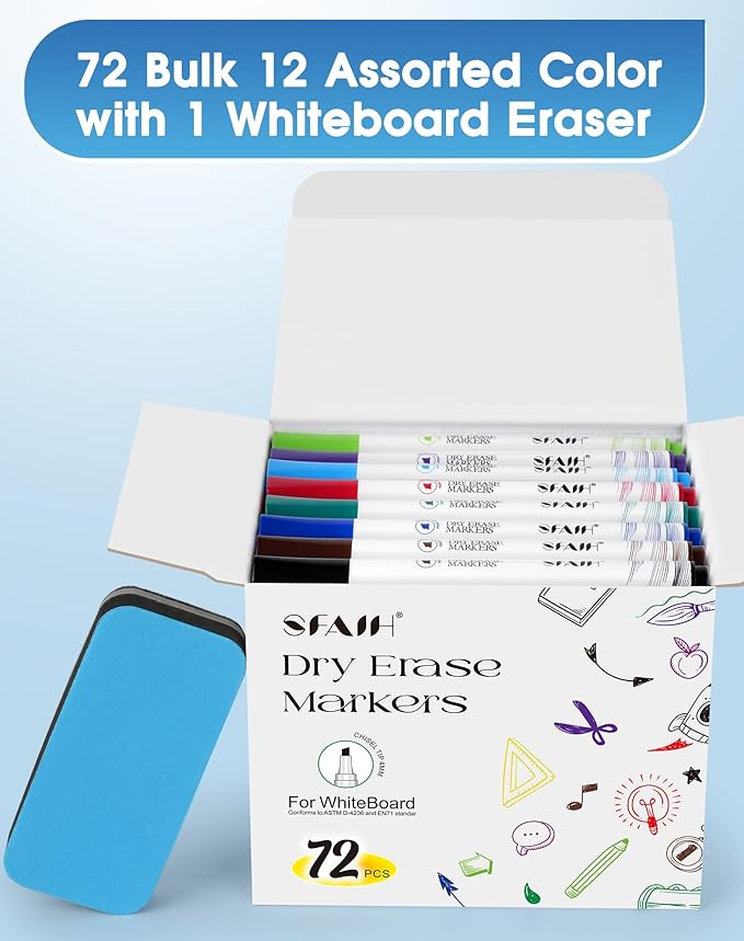 SFAIH Dry Erase Markers Chisel Tip with Magnetic Whiteboard Eraser, 72 Bulk 12 Assorted Colors White Board Markers for Teachers, Versatile Lines, 1s Quickly Dry, Perfect for Classroom and Office-DeskLoop Office