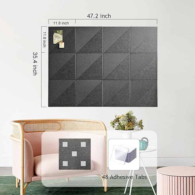 Large Cork Board for Walls 48"x 36", 12 Pack Felt Wall Tiles with Safe Removable Adhesive Tabs, Cork Board for Office,Pinboard Bulletin Board - Dark Gray-DeskLoop Office