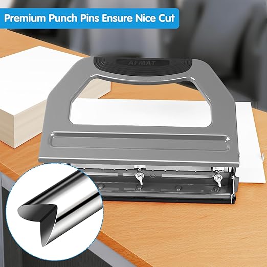 AFMAT Heavy Duty 3 Hole Punch, 50-Sheet, 50% Reduced Effort, Adjustable Two & Three Hole Punch, Metal Paper Puncher w/Large Chip Tray, Metal Paper Guide, Gray-DeskLoop Office