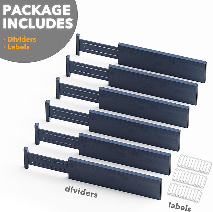 SpaceAid Bamboo Dresser Drawer Dividers 6 Pack, 4.65“ High Adjustable 17“-22” Drawer Organizers, Expandable Organization for Clothing, Clothes, Dressers, Navy Blue-DeskLoop Office