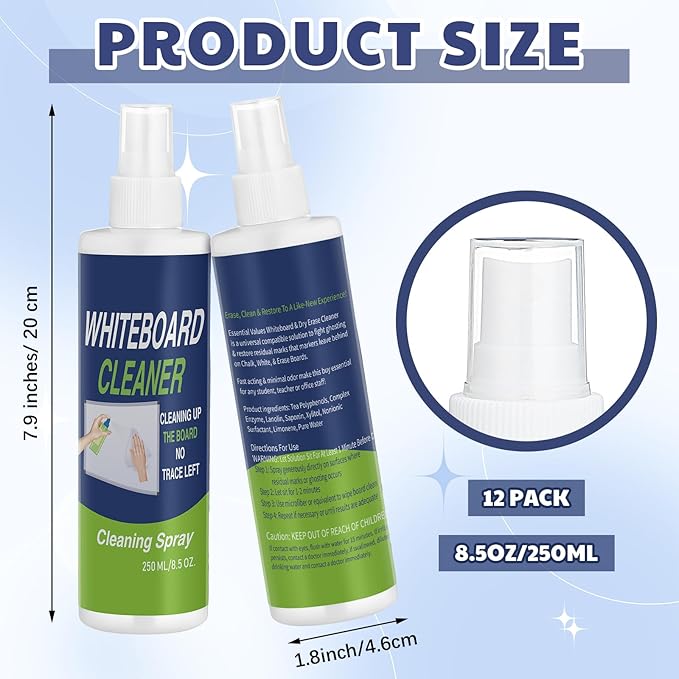 12 Pack Whiteboard Cleaner 8.5oz Dry Erase Board Cleaner White Board Cleaning Spray Dry Erase Cleaner Spray Removes Stubborn Marks from Whiteboard Chalkboard