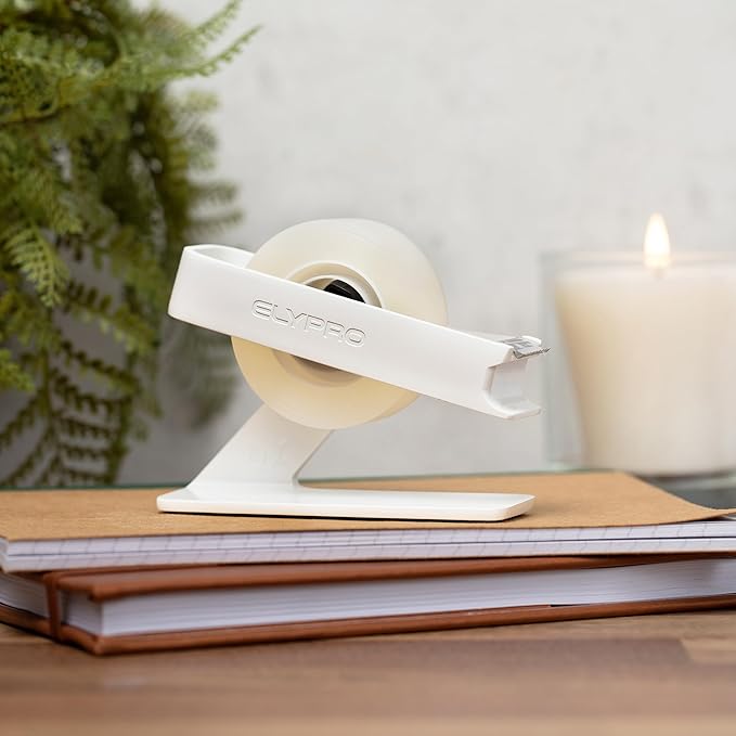 ELYPRO Modern Tape Dispenser for Office Desk - Elegant and Minimalist Design, Heavy Metal Made, Space-Saving, Perfect for Office & Home Use or as a Stylish Gift - Bonus Tape Roll Included (White)-DeskLoop Office