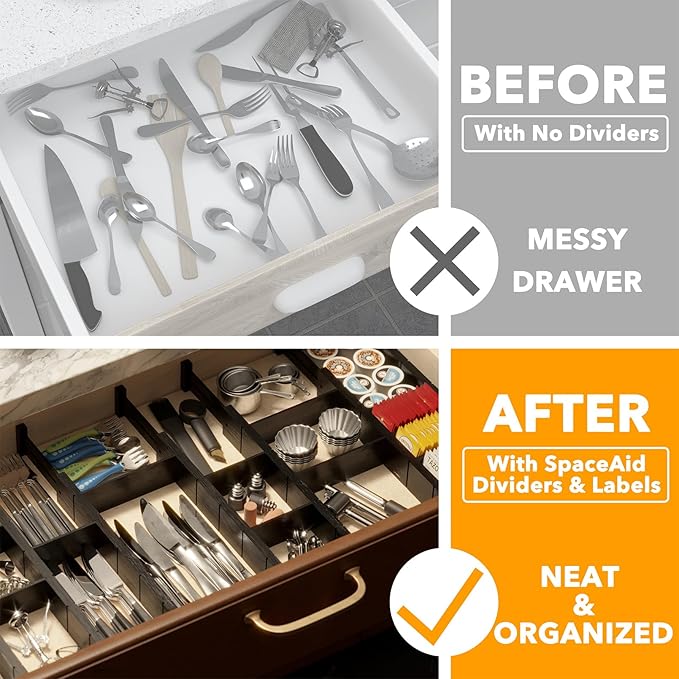 SpaceAid Bamboo Drawer Dividers with Inserts and Labels, Kitchen Adjustable Drawer Organizers, Expandable Organization for Home, Office, Dressers, 10 Dividers with 24 Inserts (17"-22" Black)-DeskLoop Office