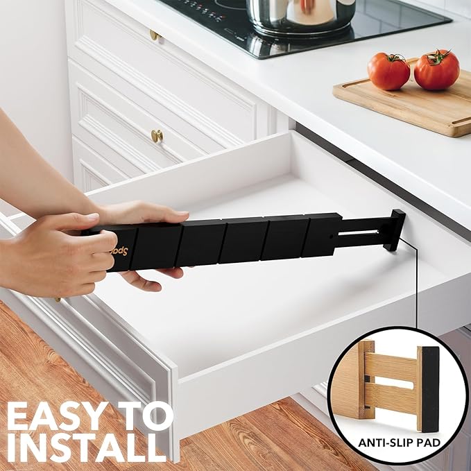 SpaceAid Bamboo Drawer Dividers with Inserts and Labels, Kitchen Adjustable Drawer Organizers, Expandable Organization for Home, Office, Dressers, 7 Dividers with 15 Inserts (17"-22" Black)-DeskLoop Office