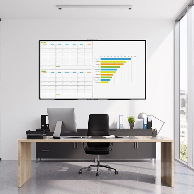 JILoffice Magnetic Foldable Dry Erase Calendar Whiteboard Combo, 2 Month Calendar Board & White Board 72 X 40 Inch, Black Aluminum Frame Wall Mounted Board for Office Home and School-DeskLoop Office