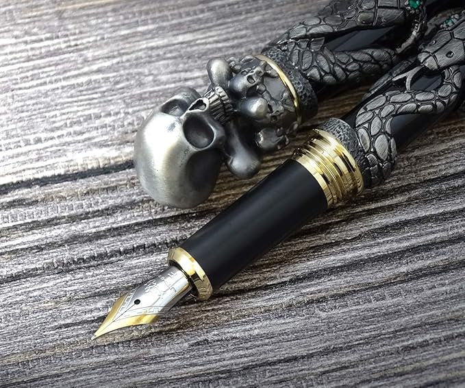 Jinhao Black Snake Fountain Pen Extra Fine Nib Retro Style with Skull Head Solid Metal and Paper Pen Case Set-DeskLoop Office