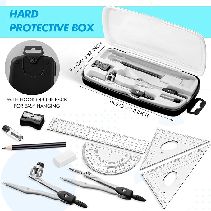 Zonon Math Geometry Set 10 Pcs Student Supplies with Shatterproof Storage Box, Includes Rulers Protractor Compass Pencil Sharpener Lead Refills Eraser Pencil for Drafting and Drawings (Black)-DeskLoop Office