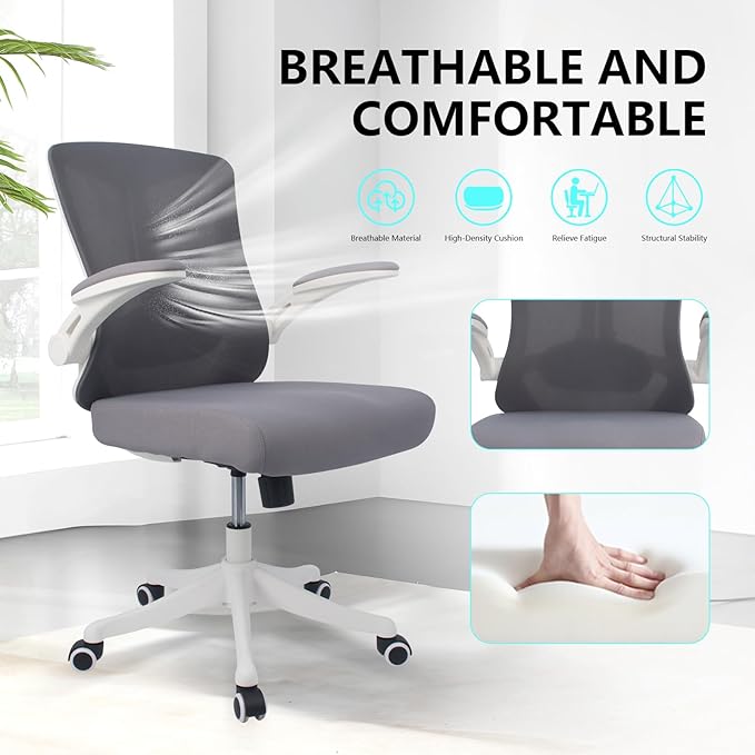 Ergonomic Comfort Home Desk Office Chair, Mid Back Computer Gaming Chair with Wheels, Adjustable Height, Lumbar Support, Flip-up Armrest with 350LBS Capacity (White Grey)-DeskLoop Office