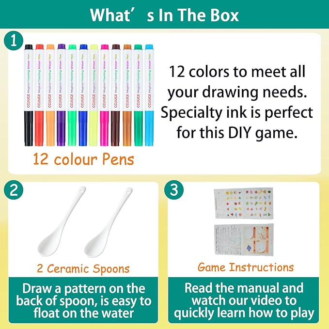 Magical Drawing Pens for Kids Water, Kiddies Create Magical Floating Drawings Bundle, 12 Colors Magic Water Painting Marker Set with 2 Spoons, Water Art Pen Kit for DIY Tattoo, Gifts for Boys & Girls-DeskLoop Office