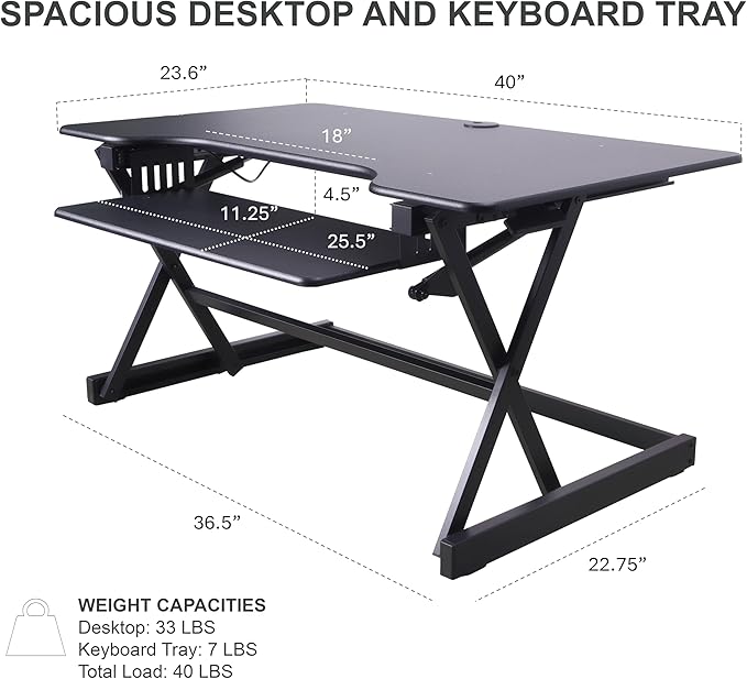 Rocelco 40" Height Adjustable Standing Desk Converter with AC Outlet USB Charger and Dual Monitor Arm Mount - Sit Stand Up Tabletop Riser - Sliding Keyboard Tray - Black (R DADRB-40-ACUSB-MA2)-DeskLoop Office