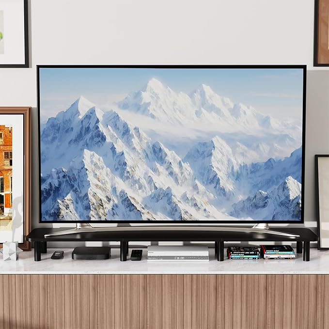 43.7" Extra Long Dual Monitor Stand Riser, Wood & Steel Monitor Stand for 2 Monitors, Wide TV Stand, Desktop Riser for Desk Organization, Home Office,Laptop,Printer,TV (Black)-DeskLoop Office