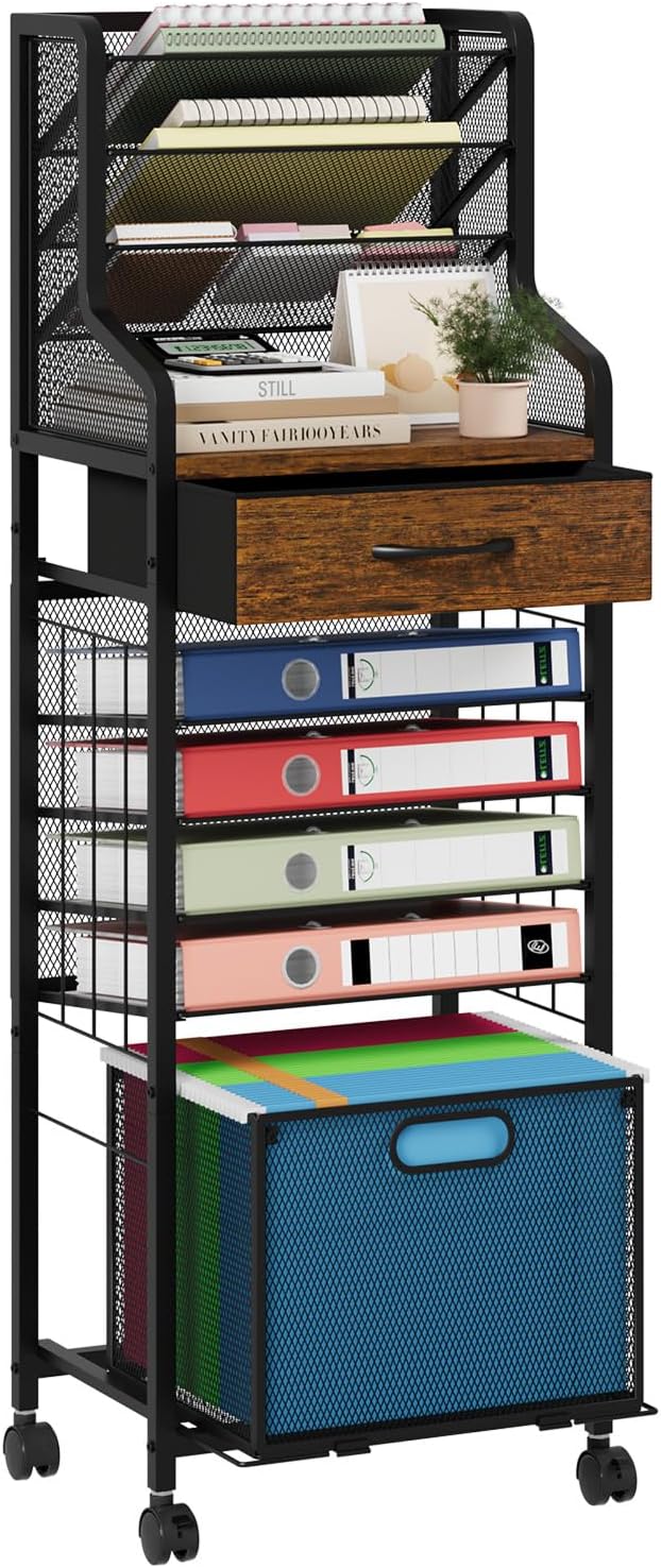 SWTYMIKI 10-Tier Rolling File Cart - Mesh Paper Organizer with Drawer and Hanging File Folders on Lockable Wheels, Wood Teacher Cart for Office Organization, Storage in Home, Studio, School, Espresso-DeskLoop Office