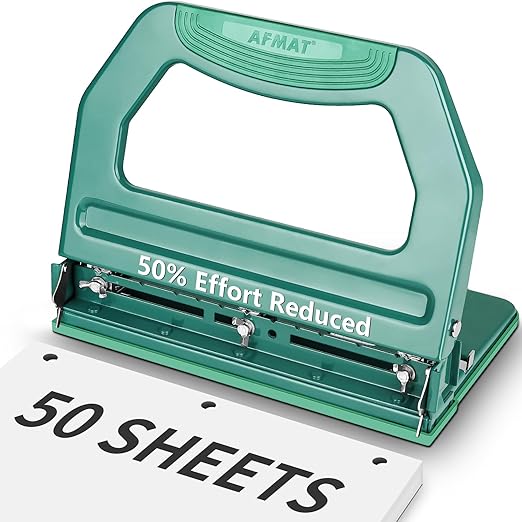 AFMAT Heavy Duty 3 Hole Punch, 50-Sheet, 50% Reduced Effort, Adjustable Two & Three Hole Punch, Metal Paper Puncher w/Large Chip Tray, Metal Paper Guide, Green-DeskLoop Office