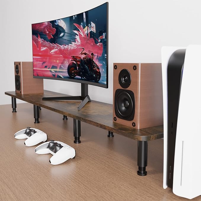 Dual Monitor Stand - 43.7 inch Extra Long Wide TV Stand - Wood & Steel Leg Desktop Riser - Desk Organization - Home Office (Vintage)-DeskLoop Office