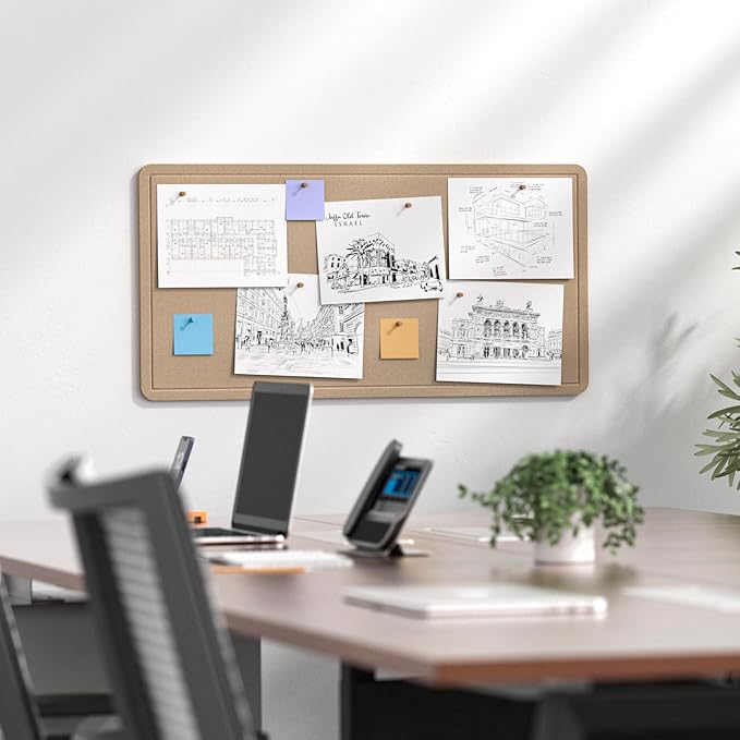 MaxGear Bulletin Board 35" x 17.5", Foldable Small Felt Board Vision Board Supplies, Cork Board for Office, Home, School, Pin Boards for Walls Decorative Picture Framed Display Board Beige Brown-DeskLoop Office