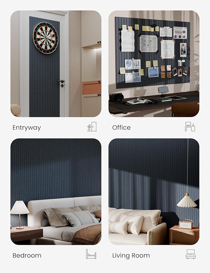 Bumusty Large Cork Board Alternative-47 x35 Felt Bulletin Board, with 30 Pushpins, 70 Adhesive Tabs, 12-Pack Slat Wall Paneling, Cork Boards for Office Push Pin Board Felt Board-Deep Charcoal Blue-DeskLoop Office