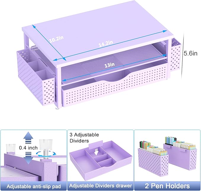 Desk Organizer and Accessories, Computer Monitor Stand Riser with Drawer and 2 Pen Holders, Office Desk Accessories & Workspace Organizers for Office Supplies (Purple)-DeskLoop Office
