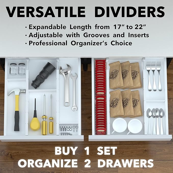 SpaceAid Bamboo Drawer Dividers with Inserts and Labels, Kitchen Adjustable Drawer Organizers, Expandable Organization for Home, Office, Dressers, 4 Dividers with 9 Inserts (17"-22" White)-DeskLoop Office