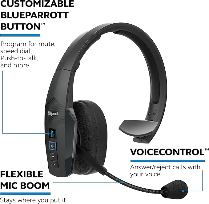 BlueParrott B450-XT Mono Bluetooth Wireless Headphones 96% Noise Canceling Over Head Trucker Headset with Mic, All Day Comfort Padded Headband, 300 ft. Wireless Range, 24 hrs. Talk Time, Black-DeskLoop Office