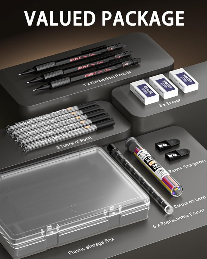 Nicpro 3 Pack 2mm Mechanical Pencils Set with Case, 33 Graphite Lead Refills (4B 2B HB 2H 4H), 36 Colored Lead, Erasers -Weatherproof Metal Barrel, Heavy Duty Carpenter Pencil For Drawing Sketching-DeskLoop Office