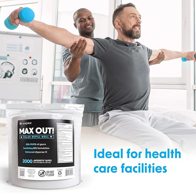 Wipex Max Out Sanitizing Wipes for Fitness Centers - 2000 Wipes Per Roll, Pack of 2, Economy Size Refill Rolls for Dispensers, 5"x8" - Ideal for High Volume Commercial Gyms, Schools & Studios-DeskLoop Office