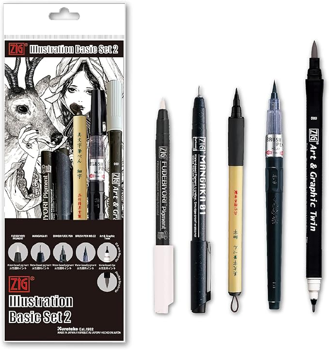 Kuretake Zig Inktober pen set, for Illustration, Manga Drawing, Lettering and Calligraphy, Professional Artist, Made in Japan (Basic No.2(5pcs.))-DeskLoop Office