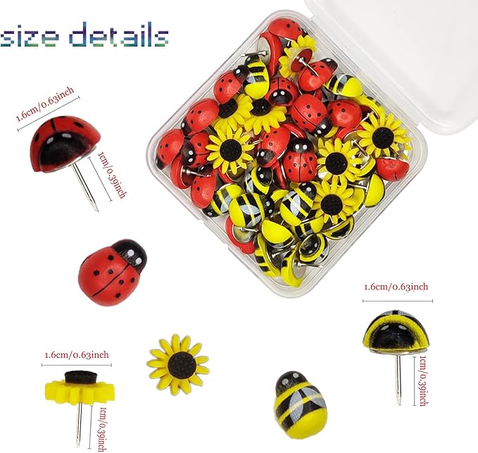 50 Pcs Animal Push Pins, DANUDON Bee Pushpins Sunflower Thumbtacks Decorative Bumble Bee Shaped Floret Thumb Tacks Decorations for Photo Wall Memo Cork Board Bulletin Board Map with Box-DeskLoop Office