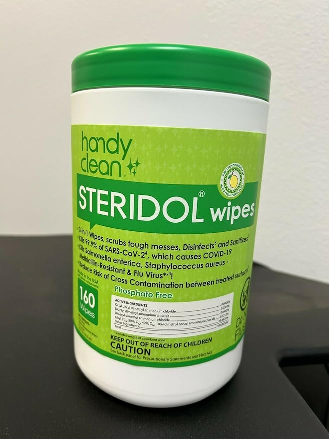 Steridol Wipes Canister, Hard Surface Wipes Multipurpose Cleaning 160 Count Fresh Lemon Scent Industrial Grade For Business Use-DeskLoop Office